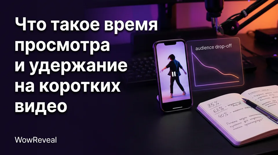 Телефон с вертикальным видео и график удержания зрителей на коротком видео