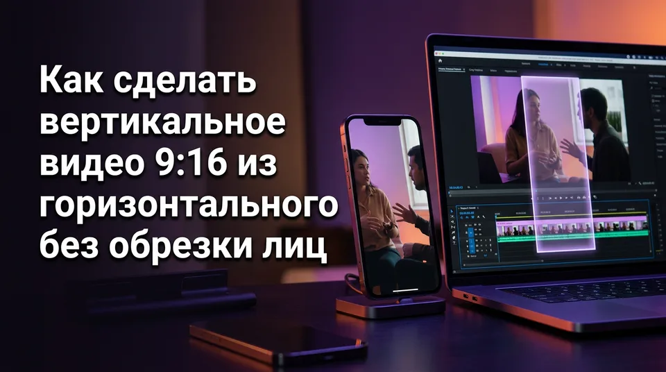 Горизонтальное видео на ноутбуке и вертикальный кадр 9:16 на телефоне