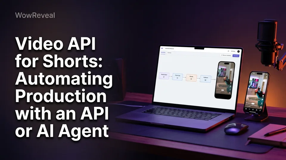 Laptop pipeline feeding a vertical clip, illustrating a video API for Shorts