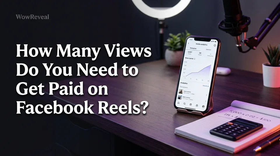 Phone with Reels analytics beside a calculator, showing how many views you need to get paid on Facebook Reels