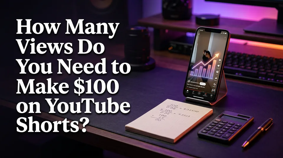 Phone with vertical video analytics and calculator showing views to make $100 on YouTube Shorts