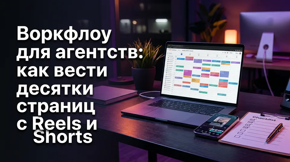 Рабочий стол агентства с недельным календарём и превью вертикального видео — воркфлоу коротких видео для агентств
