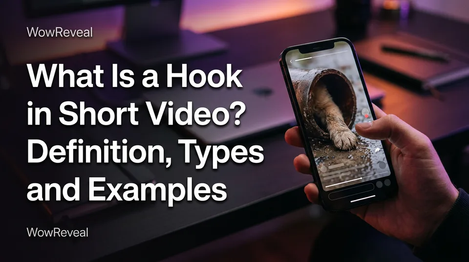 Phone showing the opening frame of a vertical video, illustrating a hook in short video