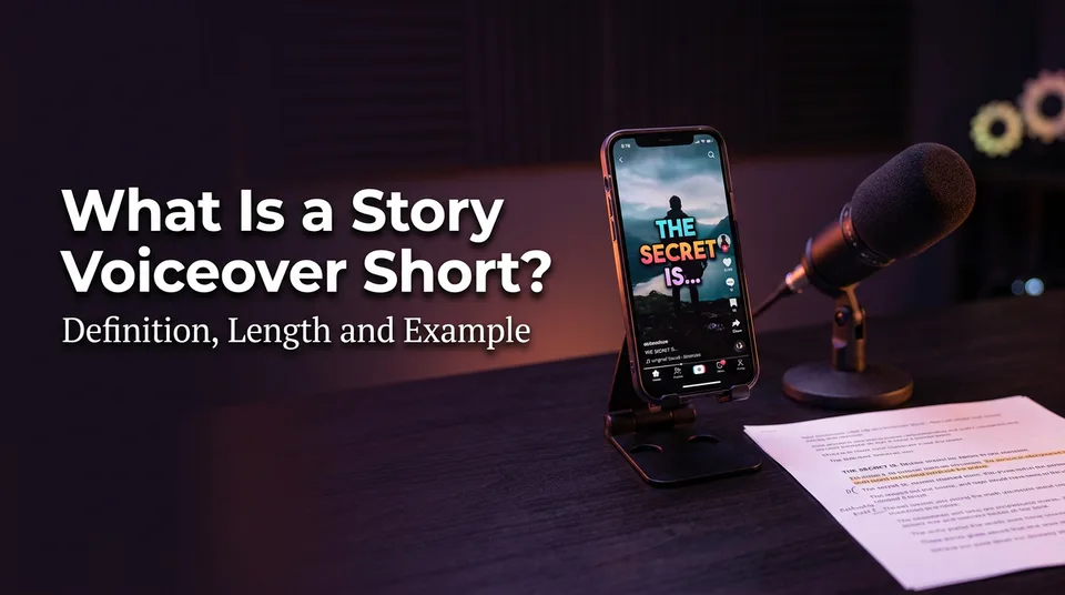 Phone showing a captioned story voiceover short next to a microphone