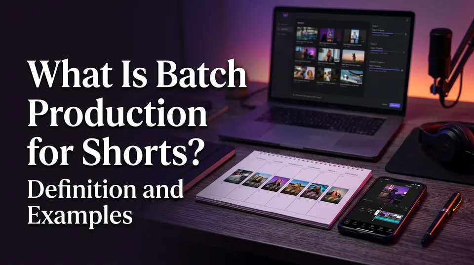 Weekly calendar and phone showing a batch production workflow for Shorts and Reels