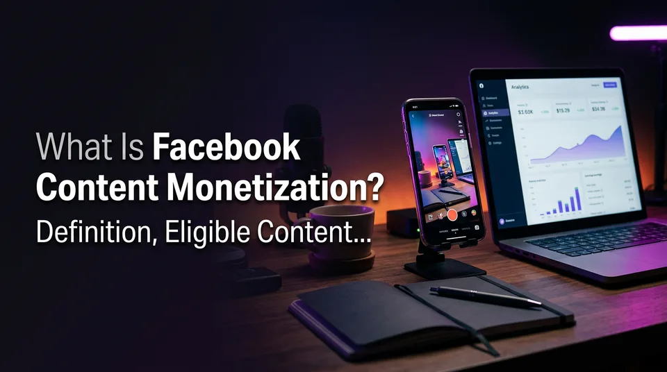 Phone with vertical video beside a laptop, illustrating what Facebook Content Monetization is