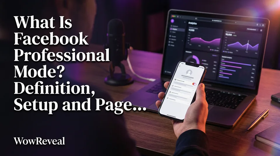 Phone with a profile toggle and analytics dashboard explaining Facebook professional mode