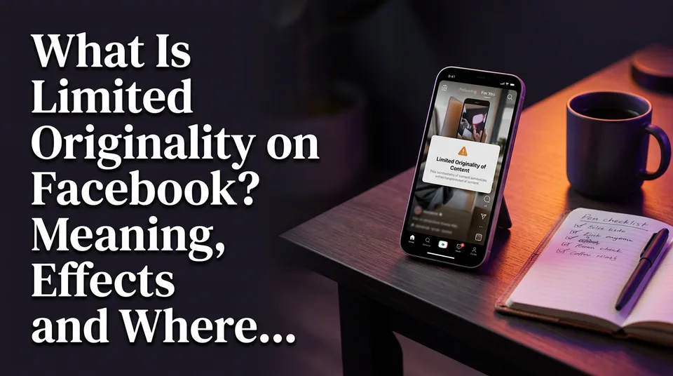 Phone showing a vertical video and a limited originality Facebook warning notice on a creator's desk