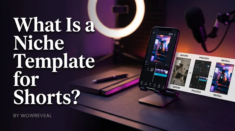 Storyboard strip beside a phone showing a niche template for Shorts