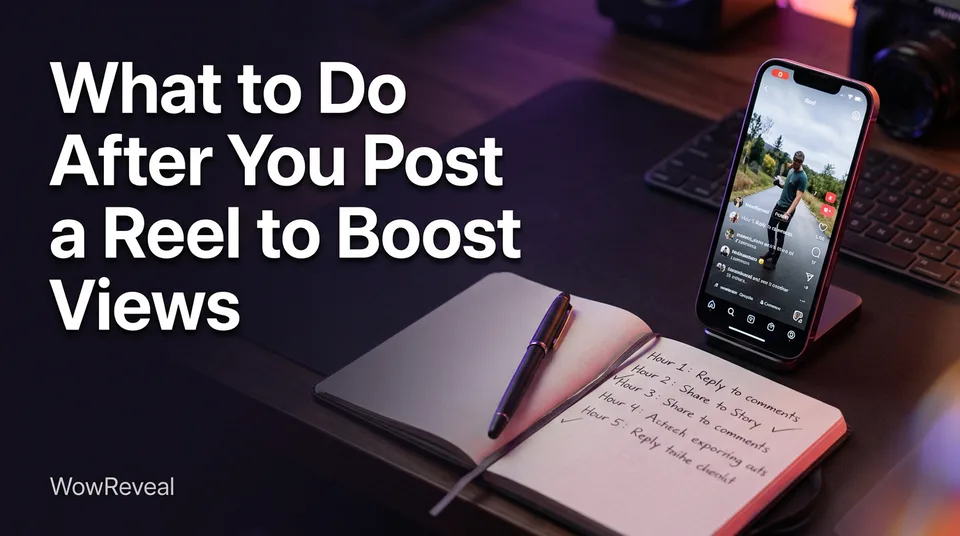 Phone with comments open and a checklist showing how to make reels go viral after posting