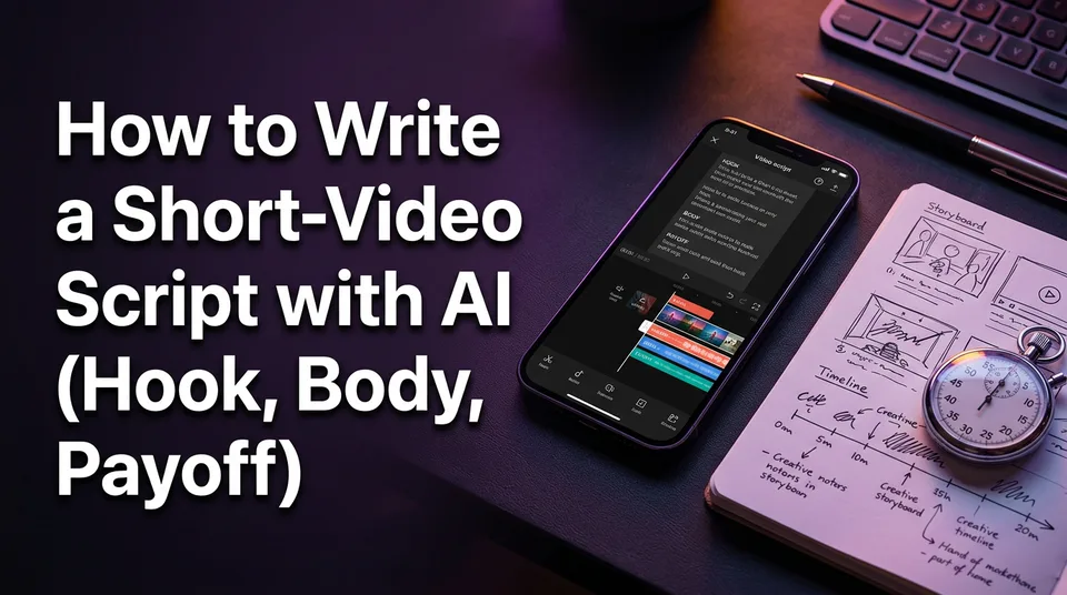 Phone and notepad showing an AI script writer for shorts with timed script beats