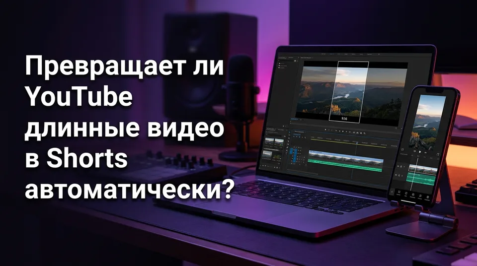 Телефон с вертикальным роликом рядом с ноутбуком: превращает ли YouTube видео в Shorts автоматически