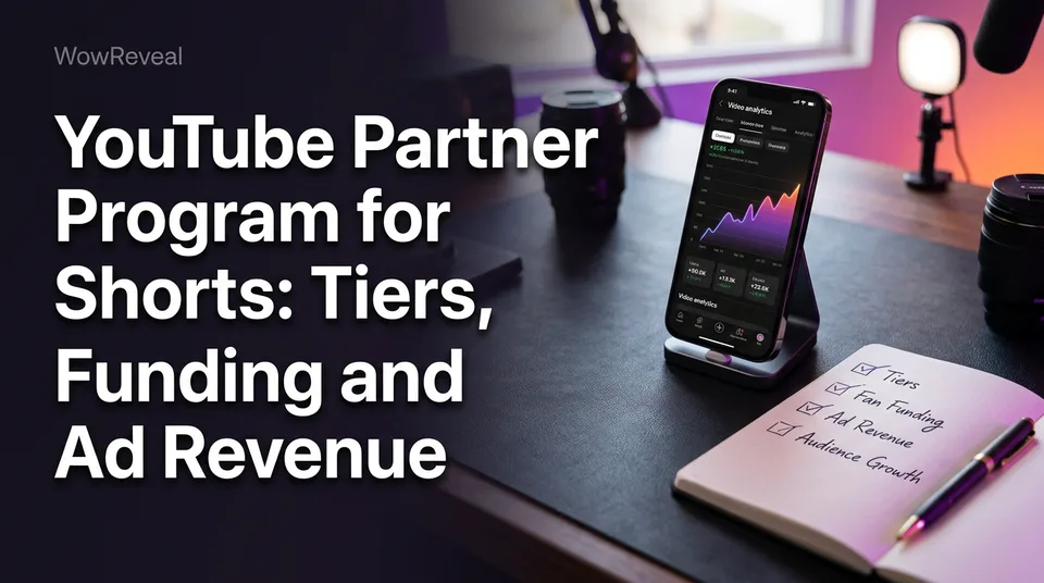 Phone with Shorts analytics beside a checklist for the YouTube Partner Program Shorts requirements