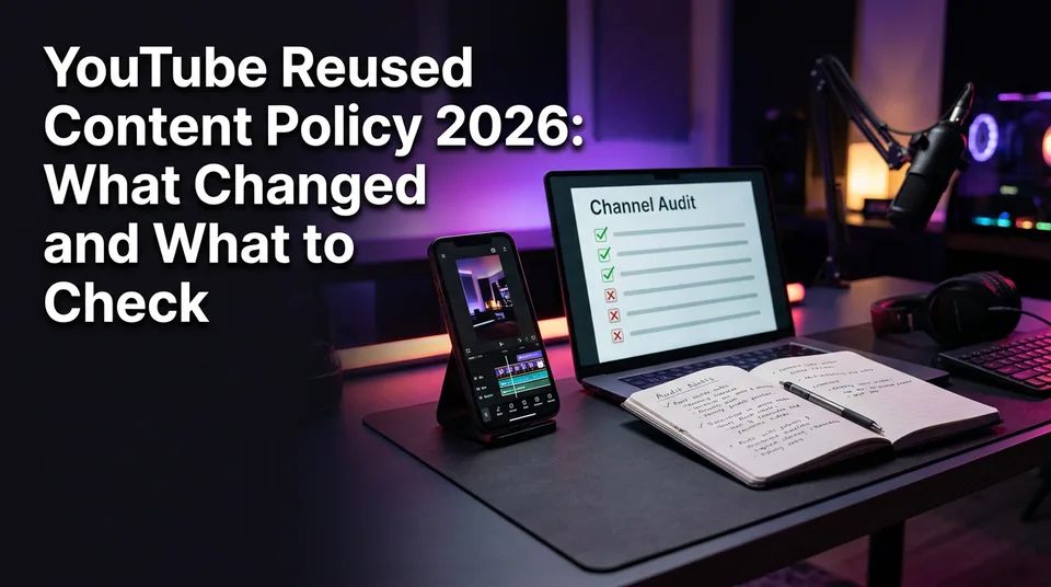 Creator reviewing a checklist for the YouTube reused content policy 2026 on a phone and laptop