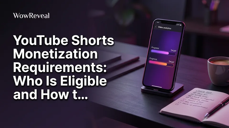 Phone showing progress bars for YouTube Shorts monetization requirements beside a handwritten checklist