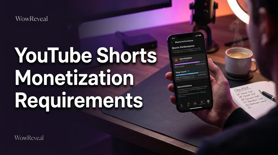 Phone showing progress bars for YouTube Shorts monetization requirements beside a handwritten checklist