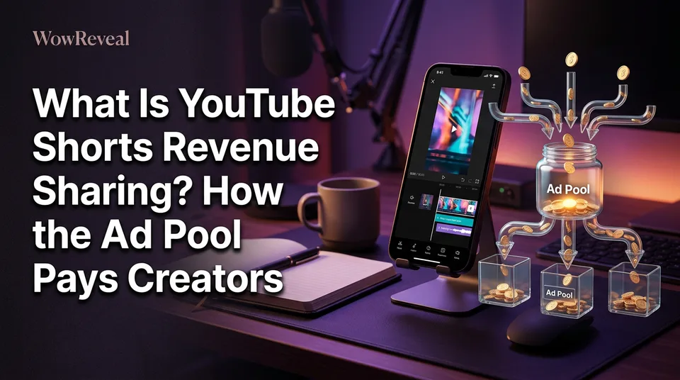 Phone with vertical video next to a shared pool illustrating YouTube Shorts revenue sharing