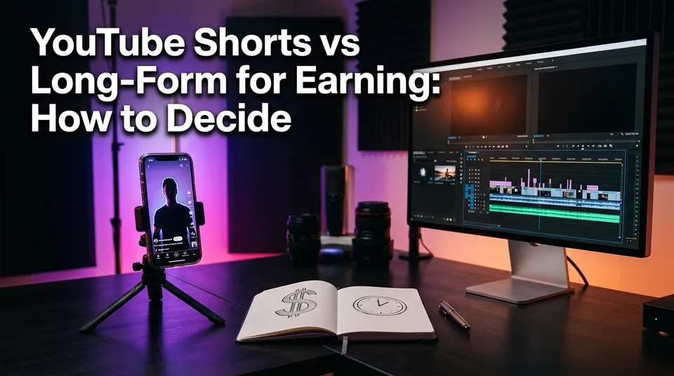 Phone with vertical video beside editing timeline comparing YouTube Shorts vs long form earnings